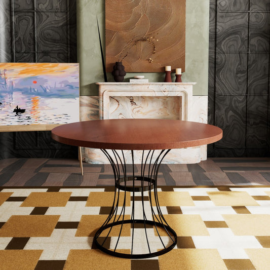 ya 28 42 Round Oak Veneer Dining Table - Solid Wood-Look Top, Wrought-Iron Base