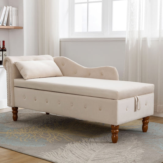 ya 28 Beige Modern Velvet Indoor Chaise Lounge ÿ Storage & Pillow, Nailhead Trim