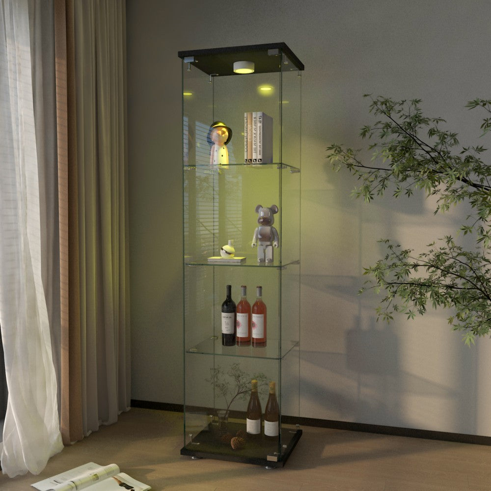 ya 28 Tempered Glass Black Display Cabinet - LED Lights,1-Door 4-Shelf for Living Room