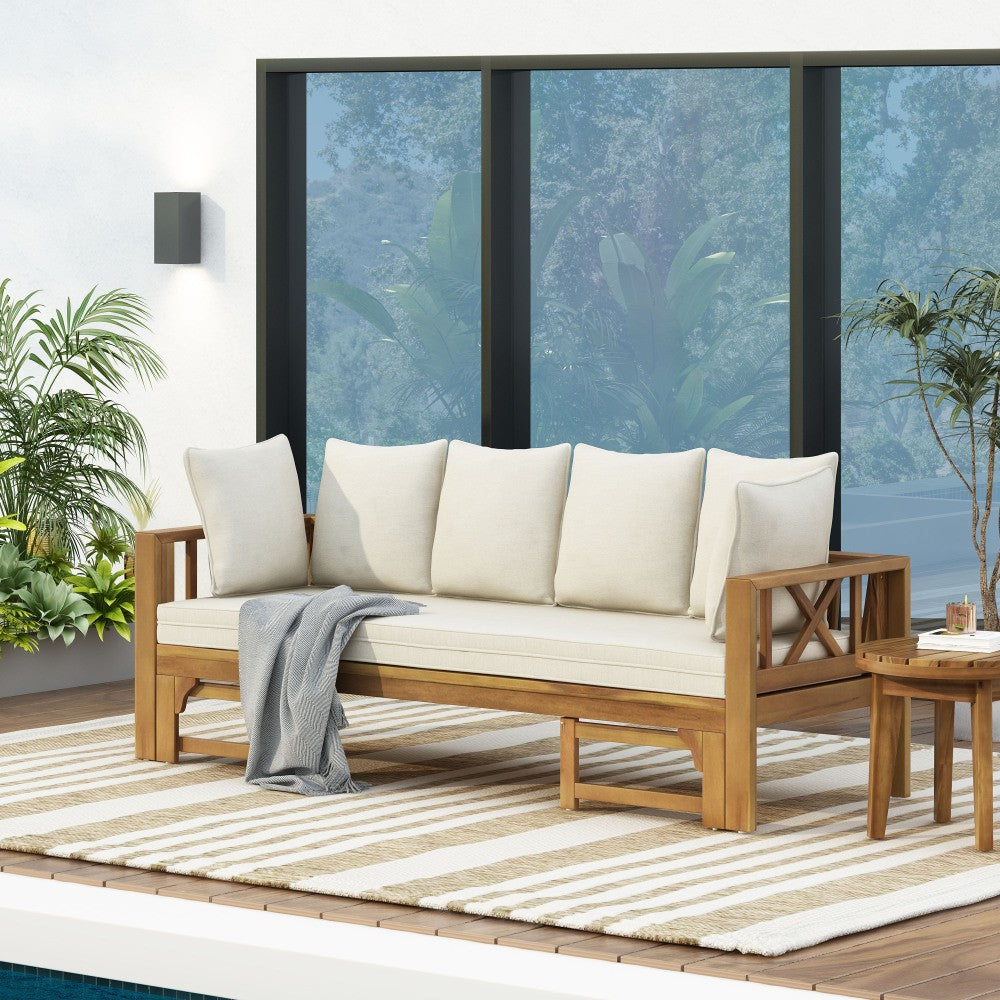 ya 28 Outdoor Extendable 3-Seater Sofa Acacia Wood & Upholstered Cushions Patio Daybed