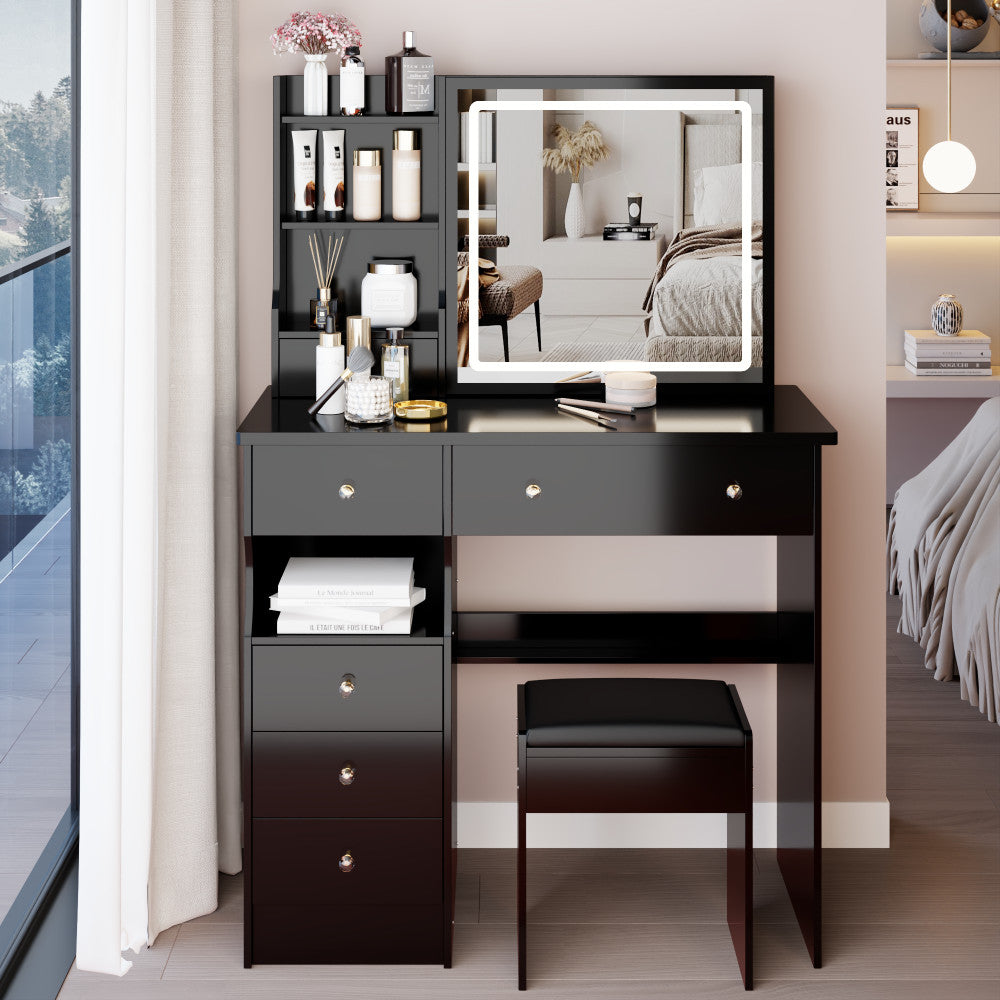 ya 28 37 Mid-Size Vanity Table Black w/Drawer&Stool,Touch Ctrl Tri-Color LED Mirror