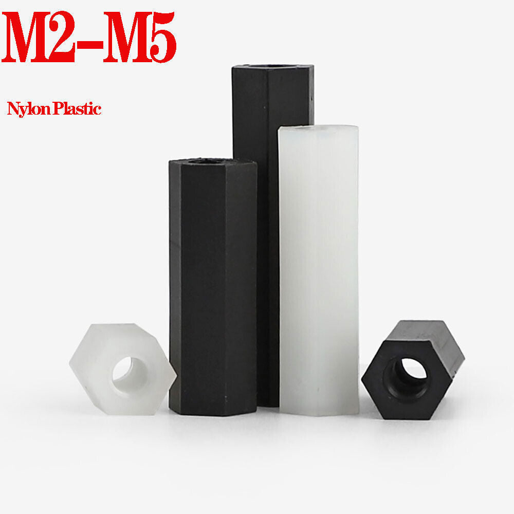 Nylon Standoffs Set: White/Black, M2-M5, Threaded, Female-Female, Hex Spacers