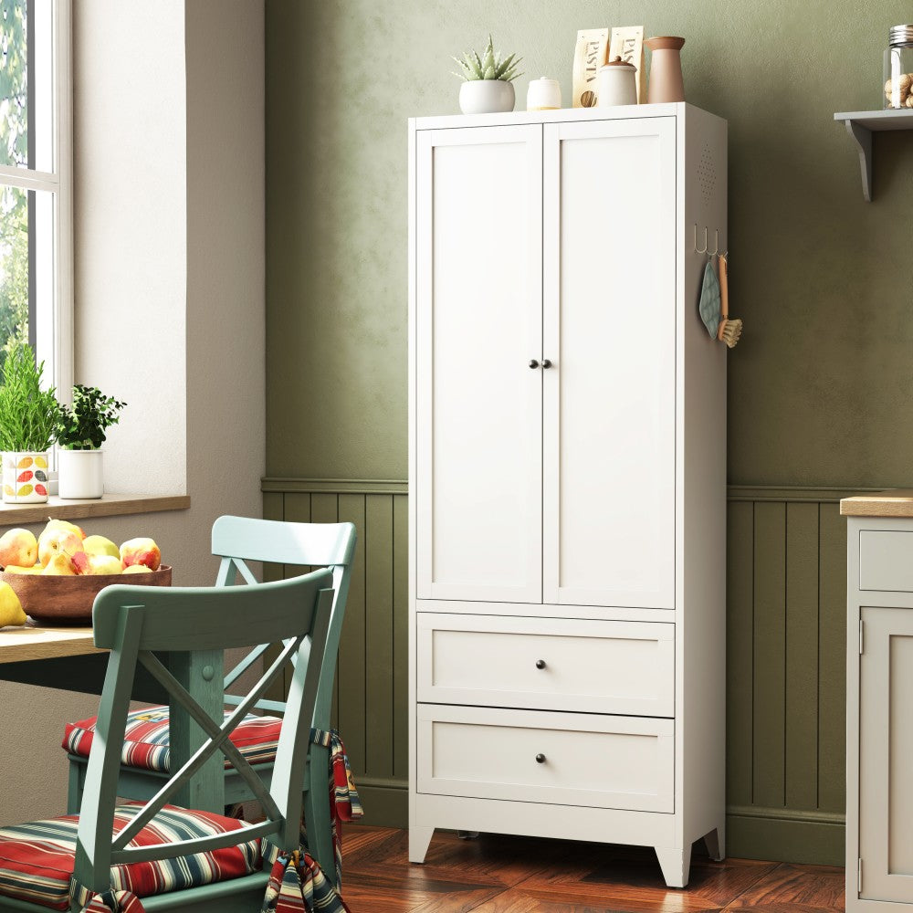 ya 28 White 72'' Freestanding Pantry Cabinet - 2 Drawers, Adjustable Shelves