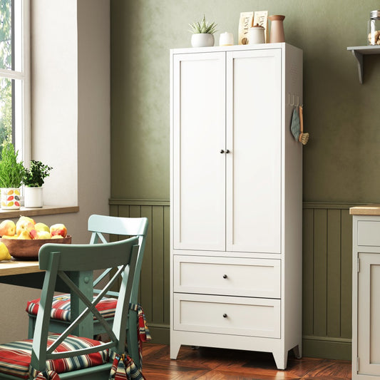 ya 28 White 72'' Freestanding Pantry Cabinet - 2 Drawers, Adjustable Shelves