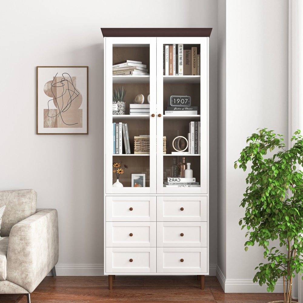 ya 28 MDF White Display Storage Cabinet - Tall Pantry, Glass Doors, Adjustable Shelves