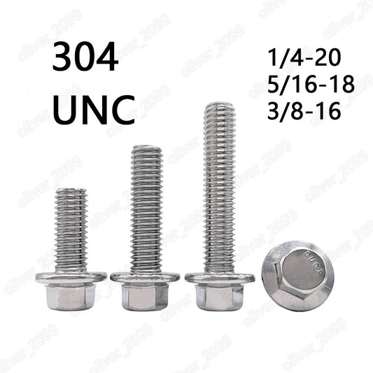 304 Stainless Steel Hexagon Flange Bolts Hex Flange Head Screws 1/4 5/16 3/8