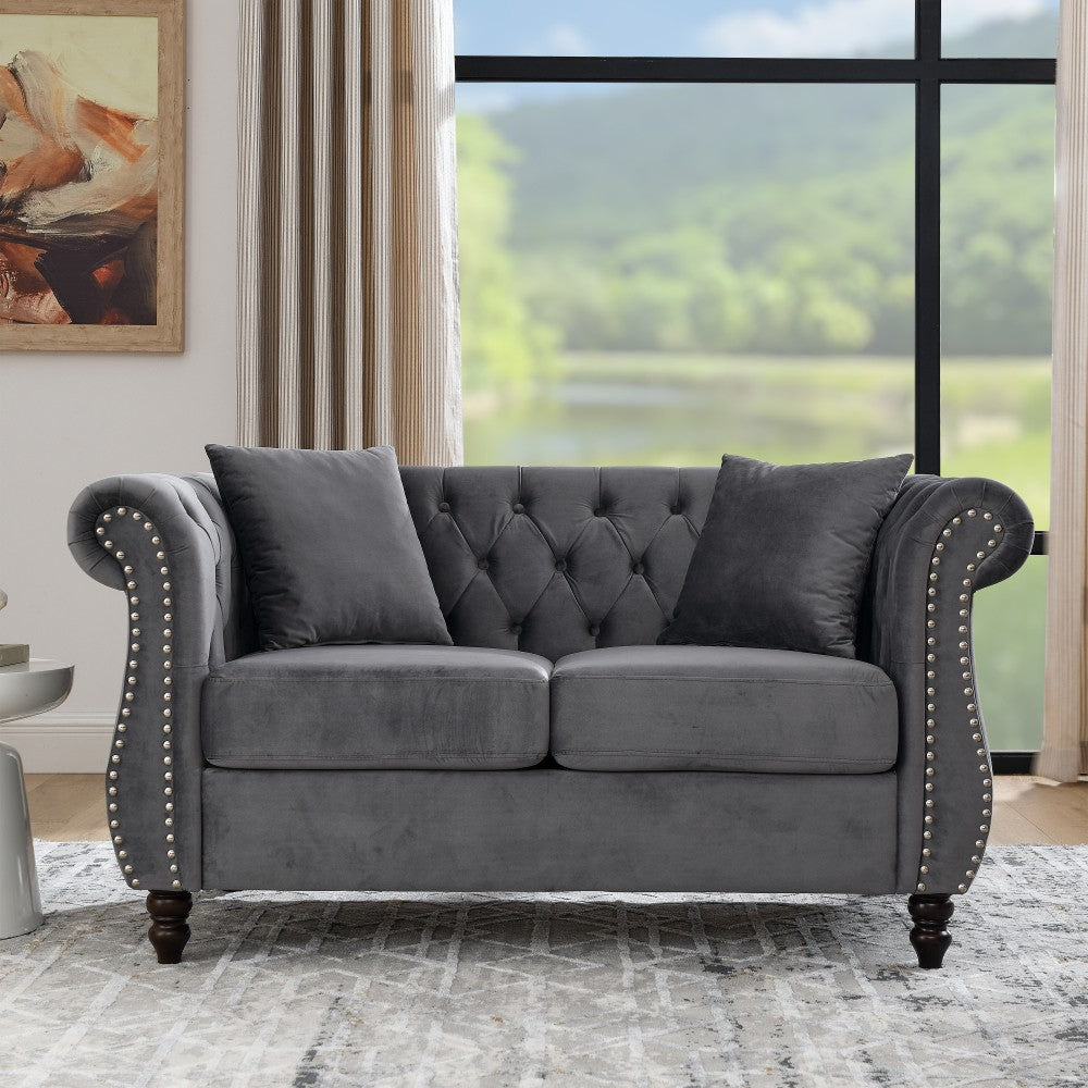 ya 28 58.8 Velvet Sofa Grey - 2 Seater Tufted Couch, Rolled Arms, Nailhead, 2 Pillows