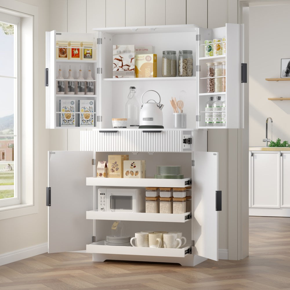 ya 28 72 Fluted Kitchen Pantry Cabinet White - Freestanding, 3 Keyboard Drawers