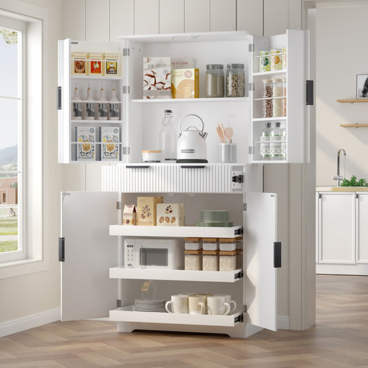 ya 28 72 Fluted Kitchen Pantry Cabinet White - Freestanding, 3 Keyboard Drawers