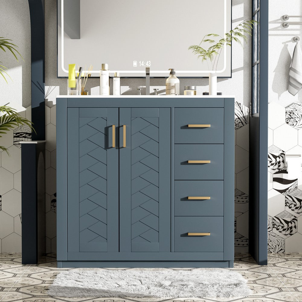 ya 28 36'' Blue Bathroom Vanity w/Ceramic Sink Combo - Solid Wood Frame, 3 Drawers