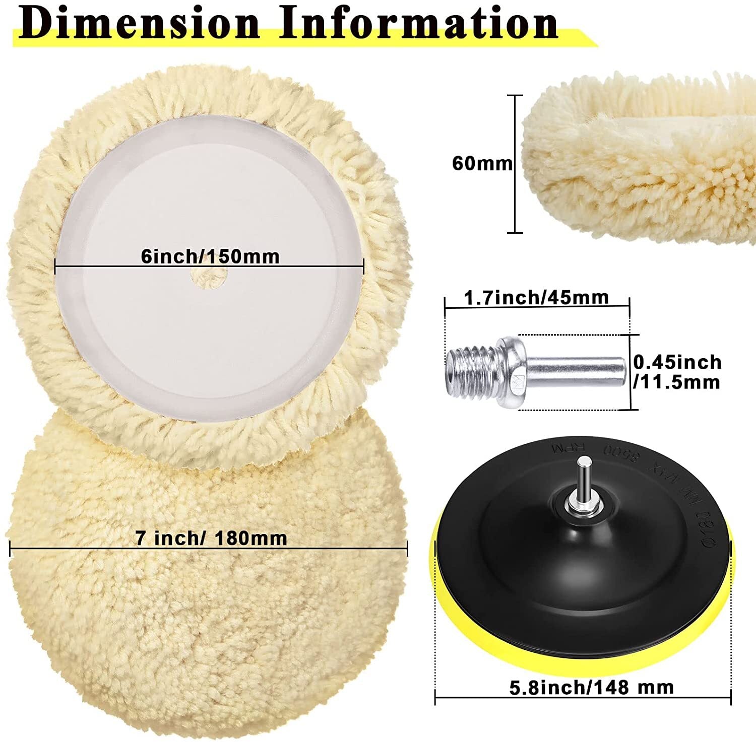 ya 12 5.22.2 Wool Polishing Pad 6 Inch Polishing Pad + Backing Pad Hook and Loop for Composite