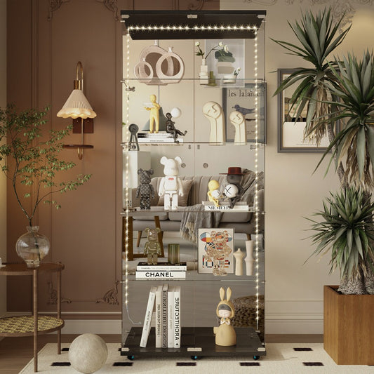 ya 28 Black Tempered Glass Display Cabinet w/Bluetooth LED, Lock, Mirror Back