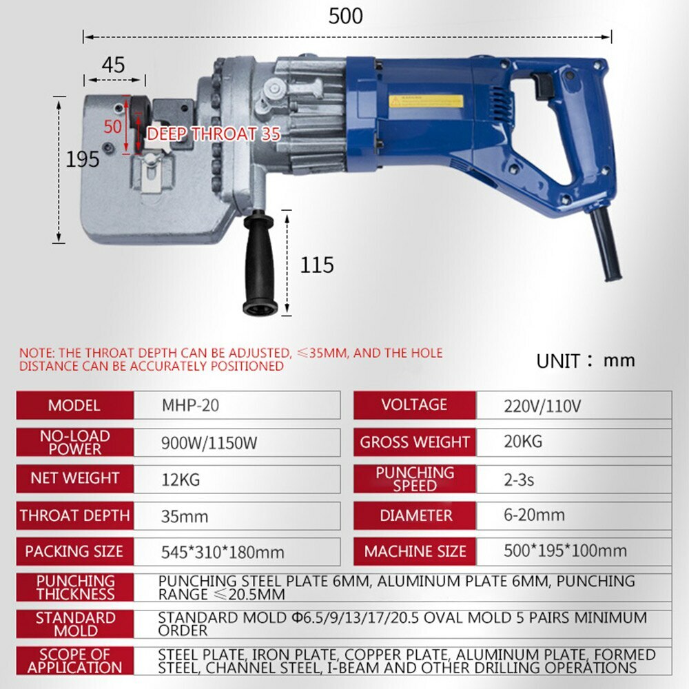 New 10T Electric Hydraulic Puncher Machine for Punching 22.5-60.5mm on 6mm Steel