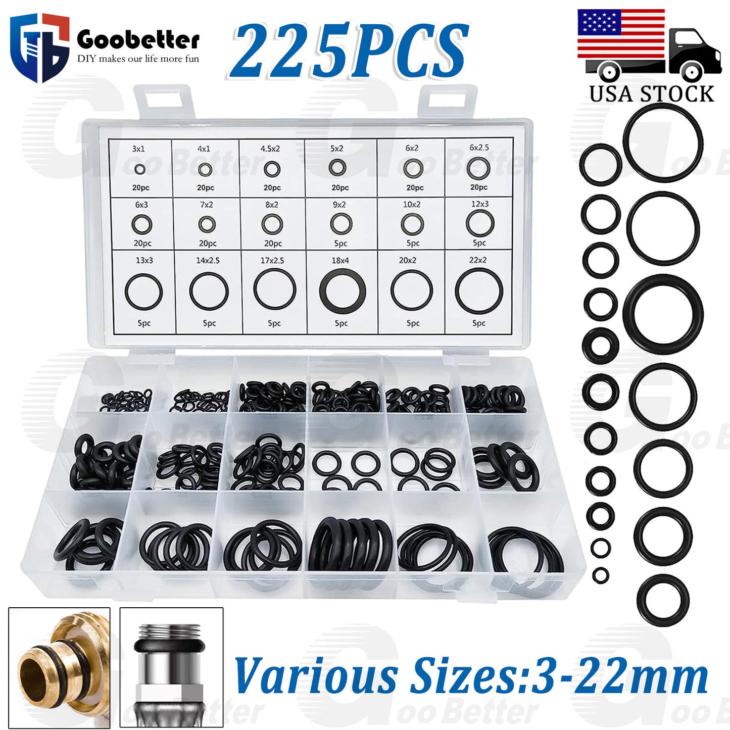 225pc Universal Rubber O-Ring Assortment Kit Gasket Plumbing Automotive Seal Set