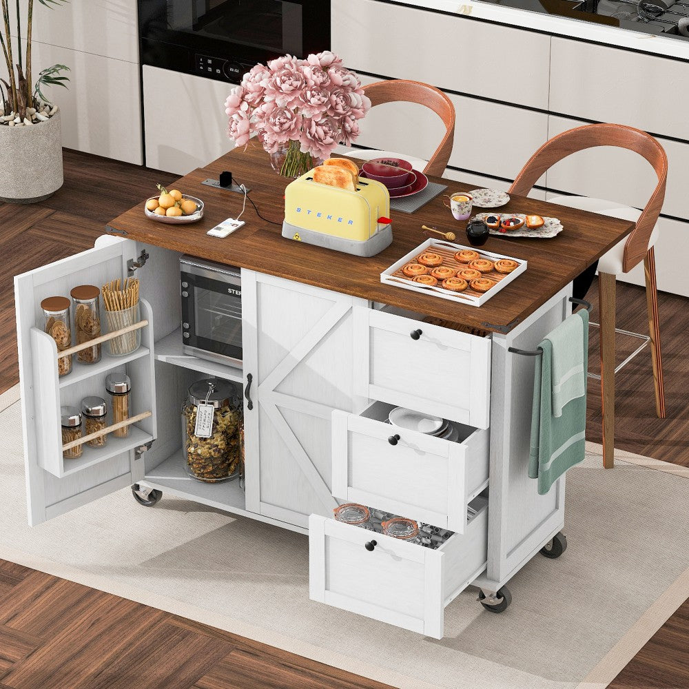 ya 28 54.5 White Farmhouse Kitchen Island,Internal Rack, Spice Rack, Rolling Wheels
