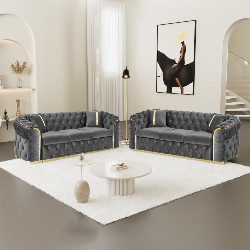 ya 28 90.6 Velvet Chesterfield Gray Sofa Set 2PCS, 3-Seater Tufted w/ Gold Accents