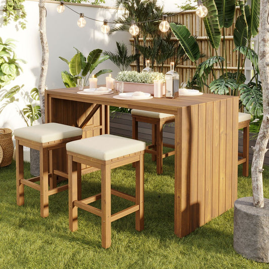 ya 28 Acacia Wood 5-Piece Outdoor Set , Bar Height Table, 4 Stools with Cushions,Beige