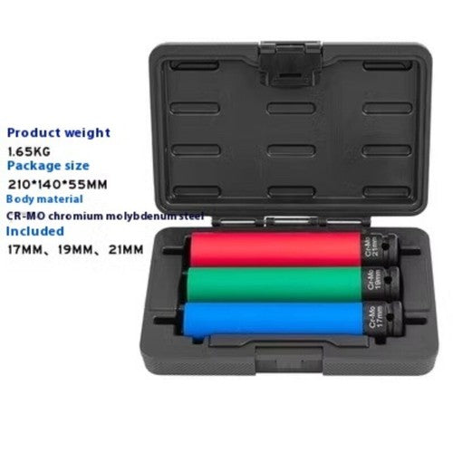 ya 26 7.28.2 3PC 1/2 Dr. 17mm 19mm 21mm Thin Wall Extra Deep Alloy Wheel Nut Bolt Socket Setd