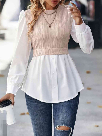 Contrast Round Neck Puff Sleeve Blouse - Create the impossible