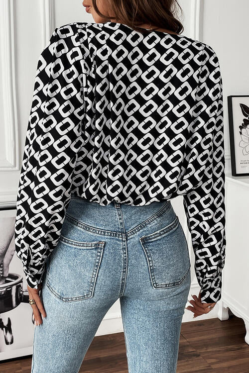 Geometric V-Neck Long Sleeve Blouse - Create the impossible