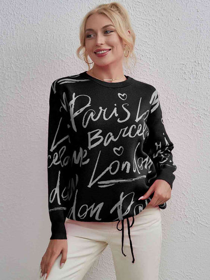 Letter Round Neck Drawstring Sweater