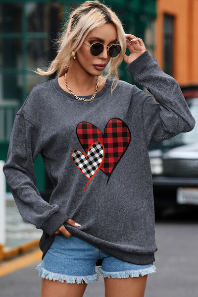 Heart Round Neck Dropped Shoulder Sweatshirt