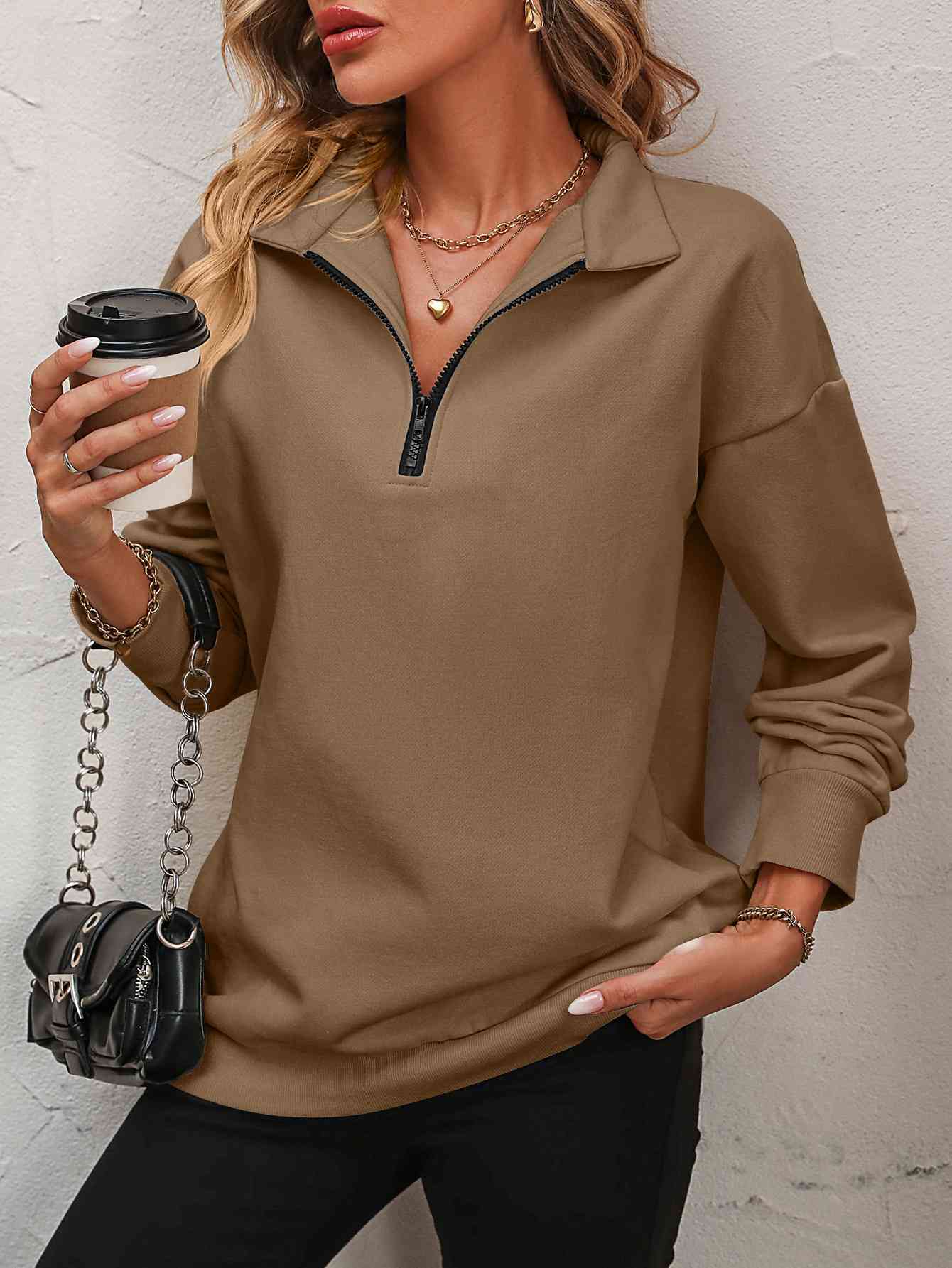 Zip-Up Dropped Shoulder Sweatshirt - Create the impossible