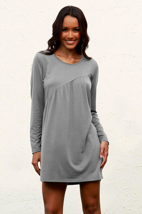 Ruched Round Neck Long Sleeve Dress