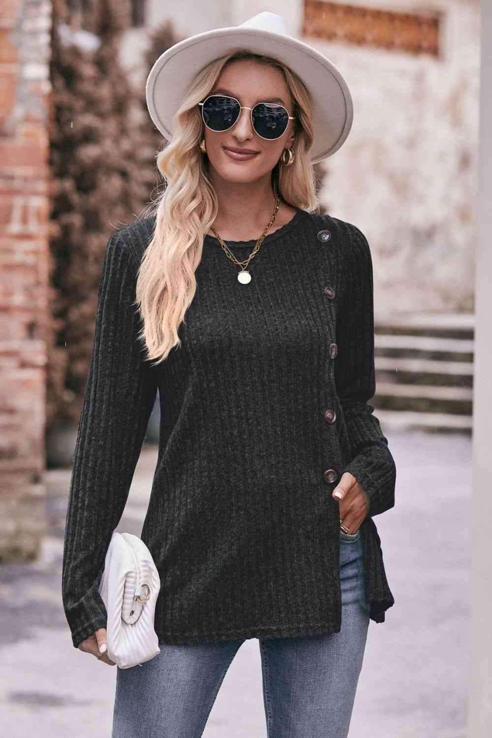 Double Take Ribbed Round Neck Buttoned Tee