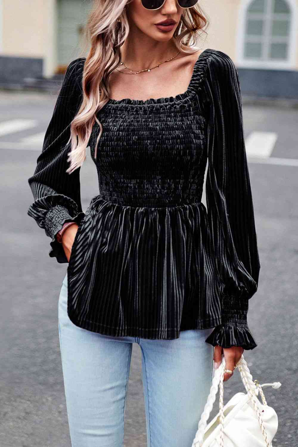Smocked Square Neck Long Sleeve Blouse - Create the impossible