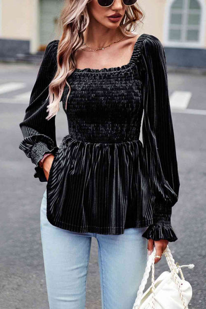 Smocked Square Neck Long Sleeve Blouse - Create the impossible