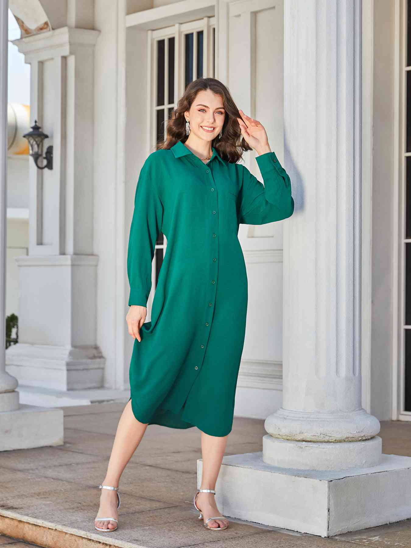 Collared Neck Long Sleeve Midi Shirt Dress