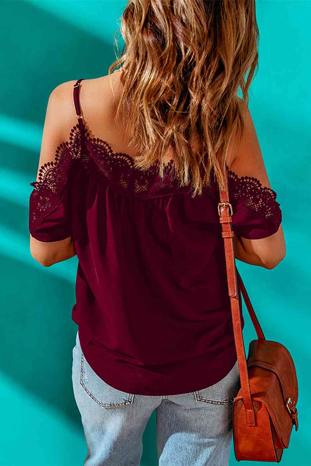 Spaghetti Strap Cold-Shoulder Lace Trim Blouse - Create the impossible