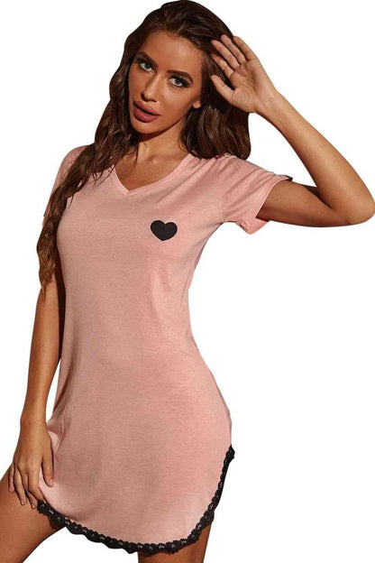 Heart Graphic Lace Trim Night Dress