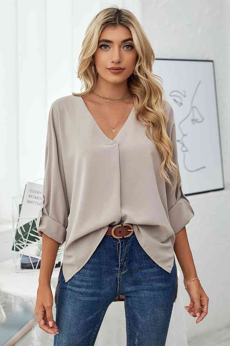 Roll-Tab Sleeve V-Neck Blouse - Create the impossible