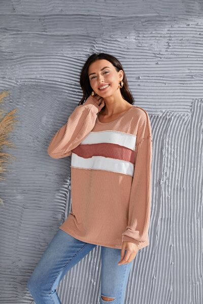 Ribbed Color Block Exposed Seam Round Neck Blouse