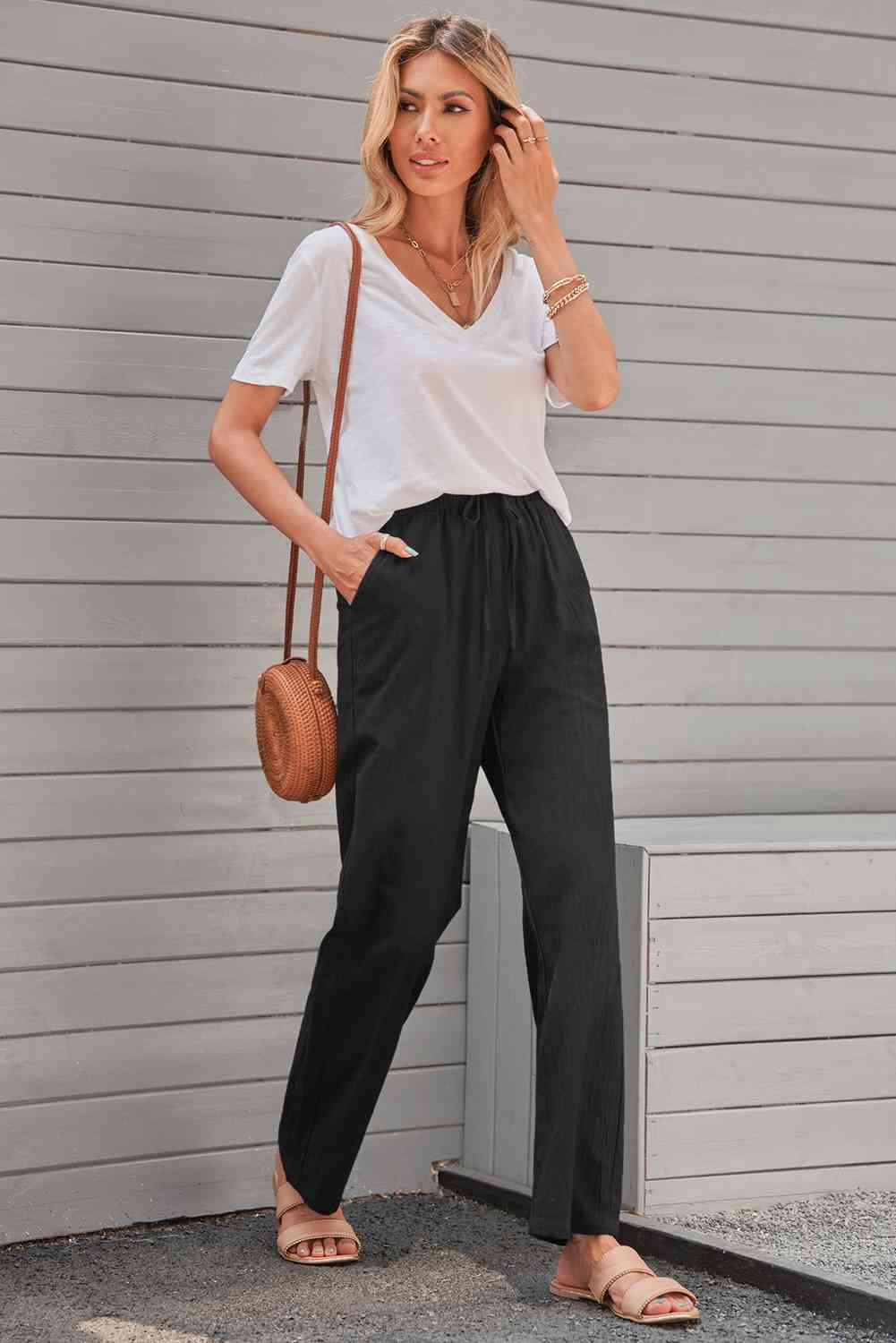 Drawstring Elastic Waist Pants with Pockets