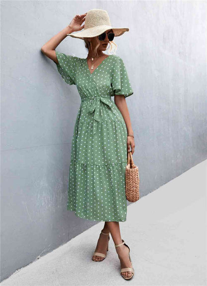Printed V-Neck Flutter Sleeve Belted Dress - Create the impossible