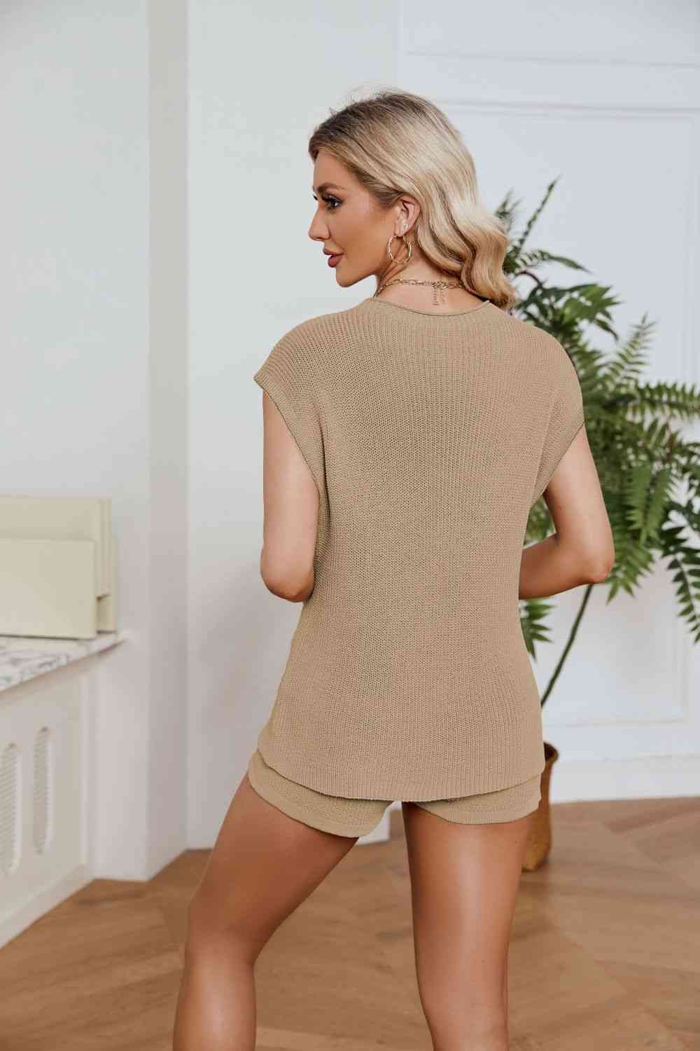 Ribbed Round Neck Pocket Knit Top and Shorts Set