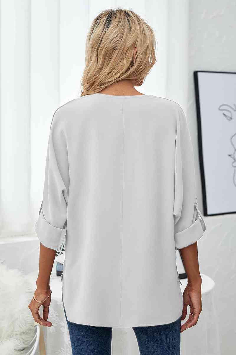 Roll-Tab Sleeve V-Neck Blouse - Create the impossible