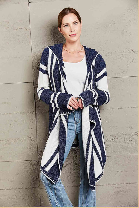 Woven Right Striped Open Front Hooded Cardigan