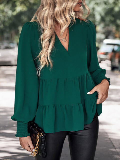 Notched Neck Lantern Sleeve Blouse - Create the impossible