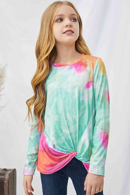 Girls Tie-Dye Twist Front Long Sleeve Top