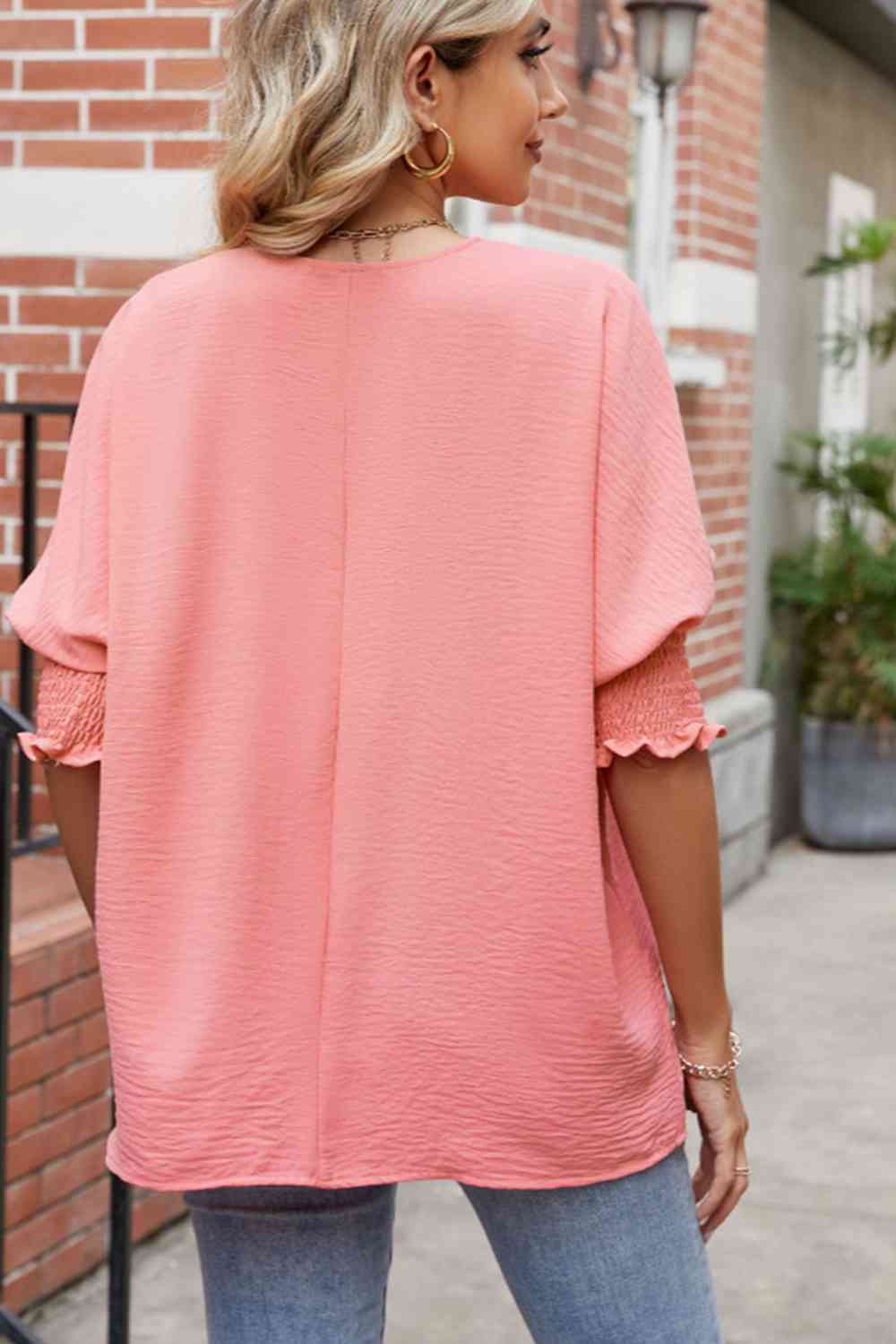 Round Neck Smocked Lantern Sleeve Blouse - Create the impossible