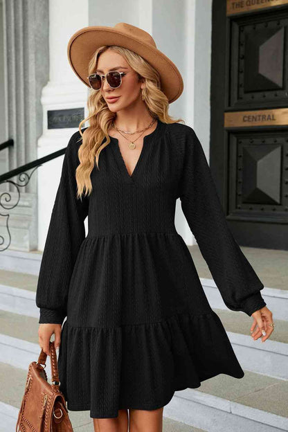 Notched Neck Long Sleeve Mini Dress