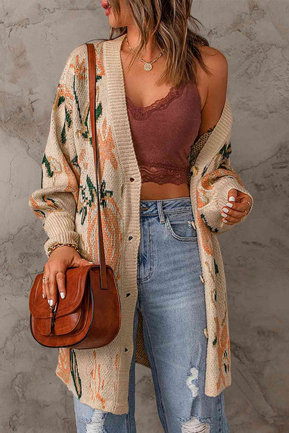 Woven Right Floral Pattern Ribbed Trim Cardigan