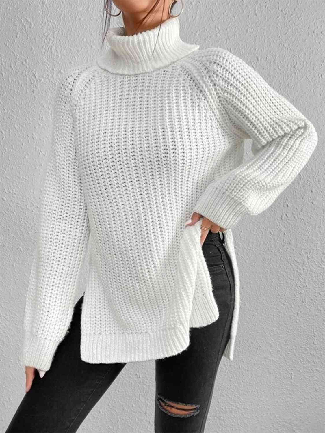 Full Size Turtleneck Rib-Knit Slit Sweater - Create the impossible
