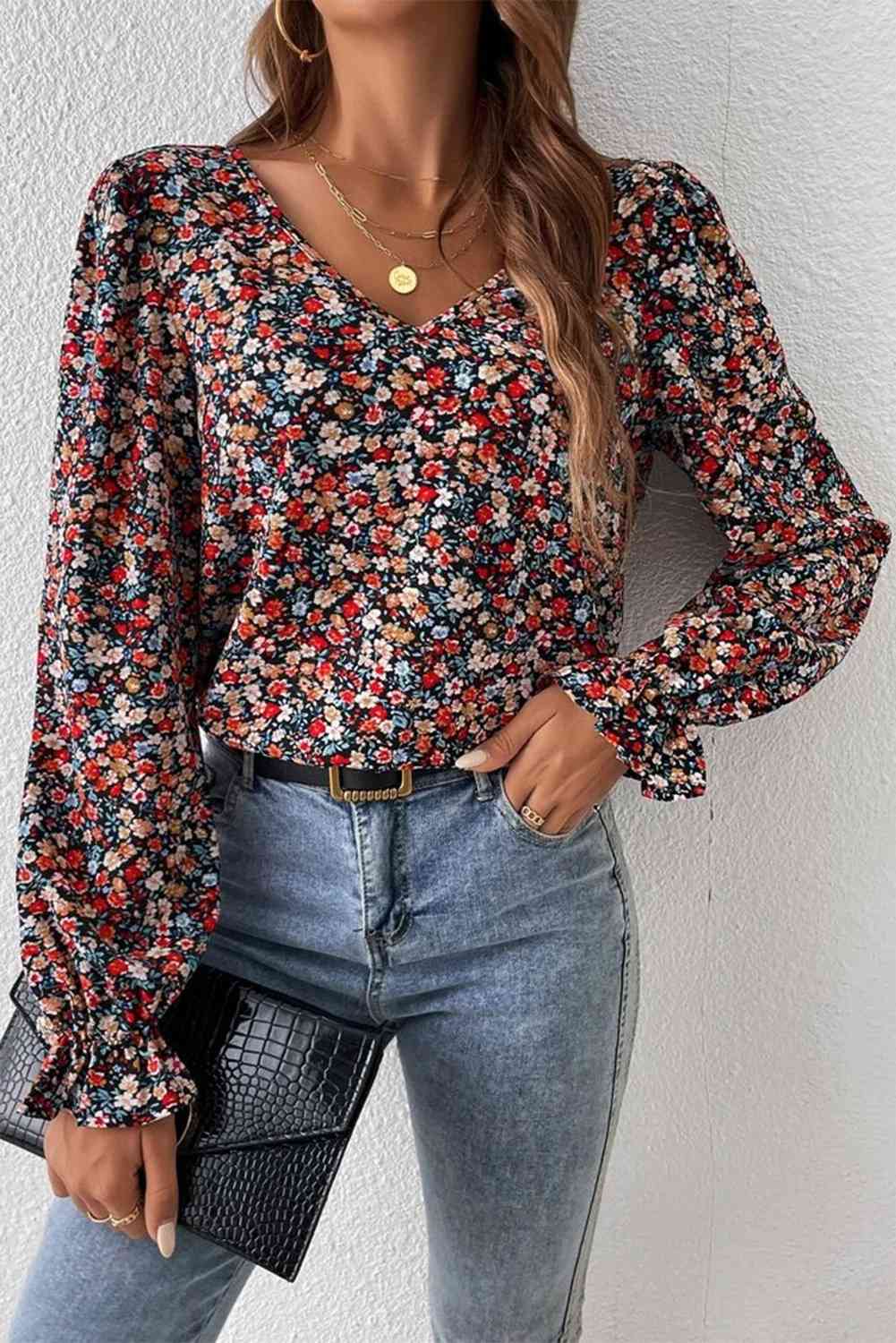 V-Neck Printed Long Sleeve Blouse - Create the impossible