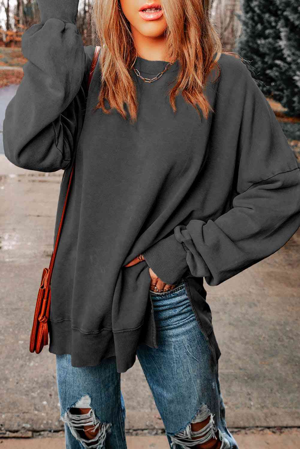 Dropped Shoulder Round Neck Long Sleeve Blouse - Create the impossible