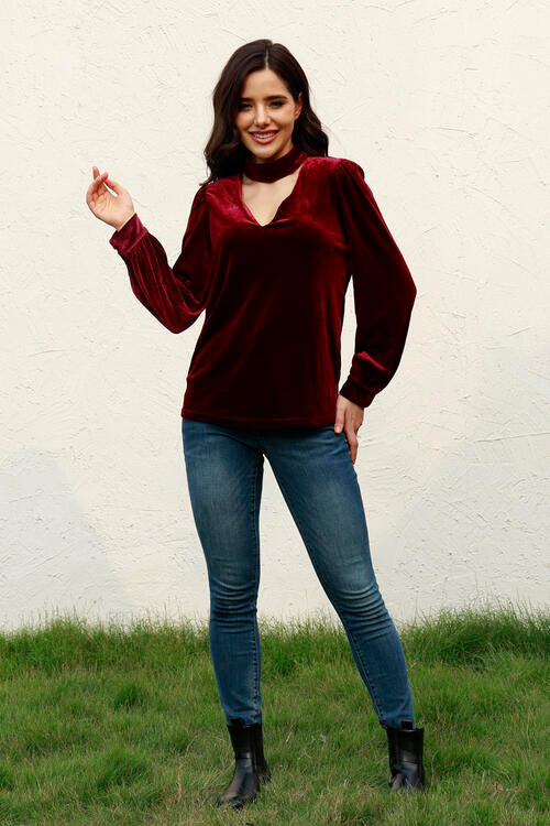 Cutout Puff Sleeve Velvet Blouse - Create the impossible